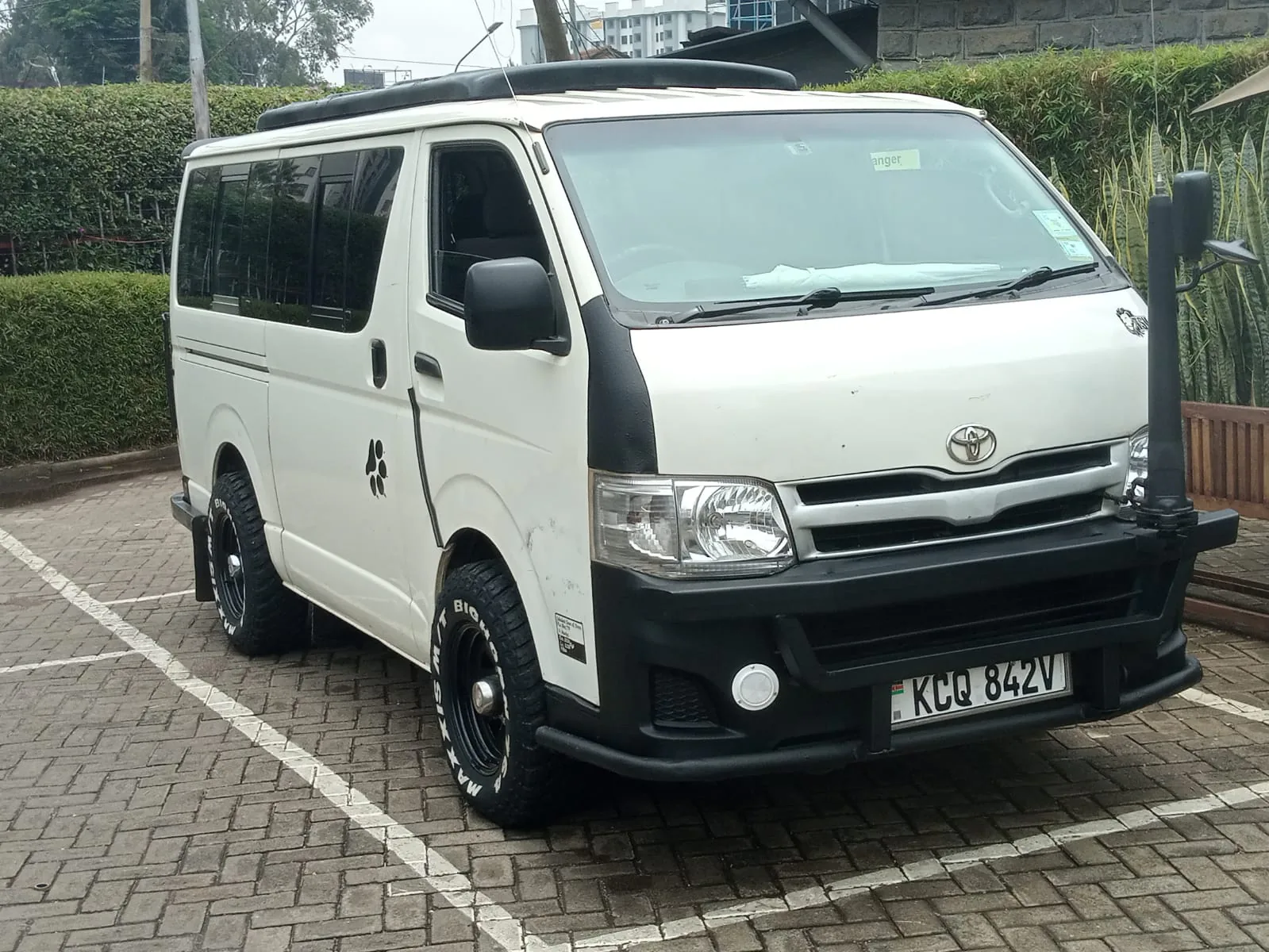 White safari van prepared for Kenyan roads